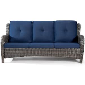 Grey Wicker 2-Seater Rattan Outdoor Patio Loveseat Sofa with Deep Seating and Blue Olefin Cushions
