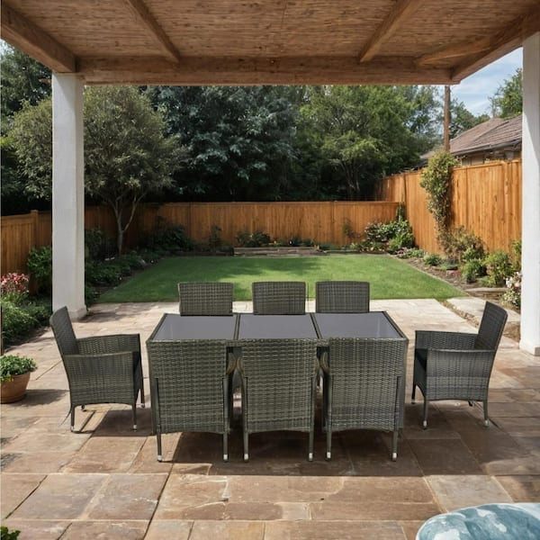 9-Piece Patio Wicker Outdoor Dining Set with Black Cushion