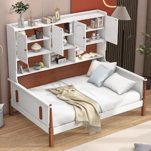White and Walnut Wood Frame Twin Size Platform Bed with Storage Shelves and Cabinets