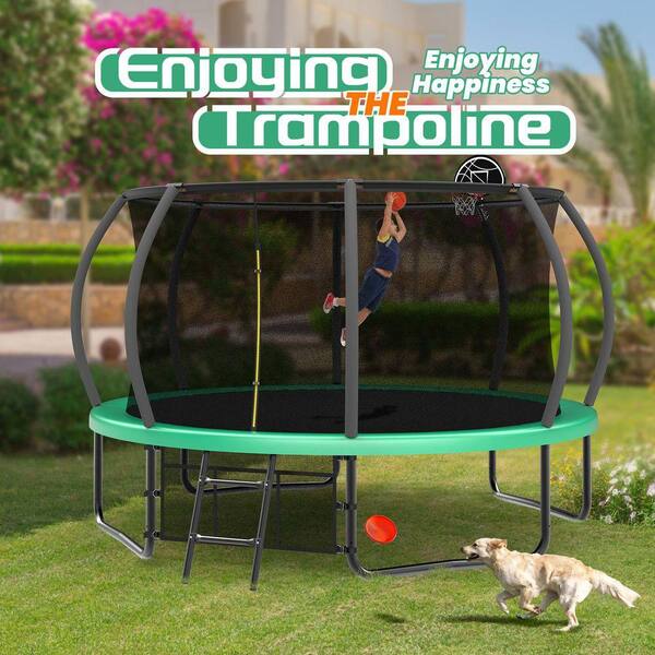SUNRINX 12 ft. Green Round Trampoline with Safety Enclosure Net