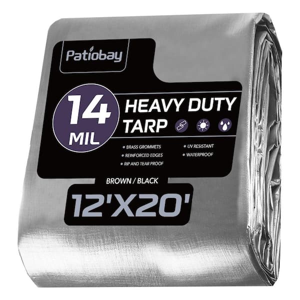 Angel Sar 12 ft. x 20 ft. 16 Mil Heavy Duty Waterproof 420D Plastic Tarp with 23.6 in. Grommets for Outdoor, Sliver and Brown