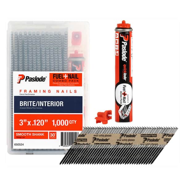 Paslode 3 in. x 0.120-Gauge Brite Smooth Shank FUEL + NAIL Pack (1,000 Nails + 1 Fuel Cell)