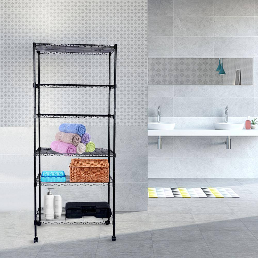 Tileon Black Heavy Duty 6-Shelf Shelving with Wheels, with Hanging ...