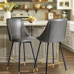 Smeg SW 26.8 in. Grey PU Leather Swivel Counter Height Bar Stools with Metal Frame and Wood-Effect Legs (Set of 2)