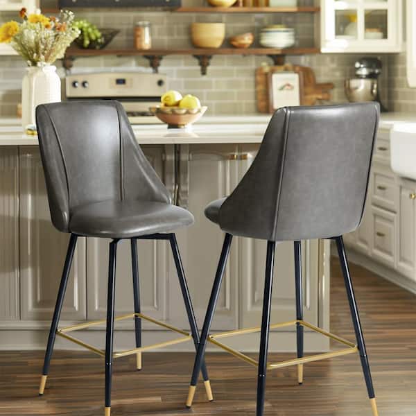 Homy Casa Smeg SW 26.8 in. Grey PU Leather Swivel Counter Height Bar Stools with Metal Frame and Wood-Effect Legs (Set of 2)