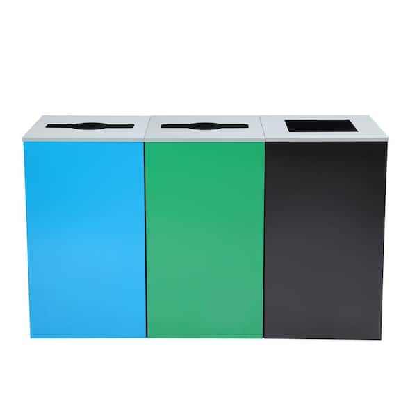 87 Gal. 3-Stream Steel Blue Recycling Bin and Black Trash Can Green Compost Trash Waste Station with Mixed Slot Lids