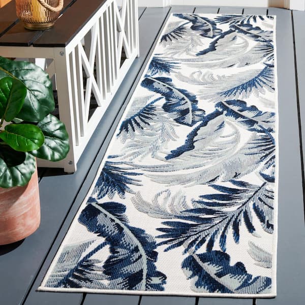 Cabana Ivory/Navy 2 ft. x 9 ft. Multi-Leaf Gradient Indoor/Outdoor Runner Rug