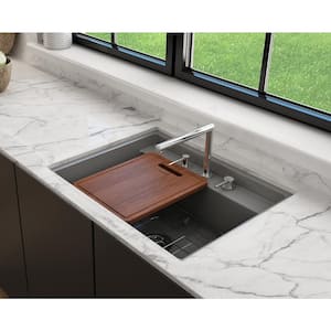 Baveno Uno Matte Gray Fireclay 27 in. Single Bowl Undermount/Drop-In 3-hole Kitchen Sink w/Integrated WS and Acc.