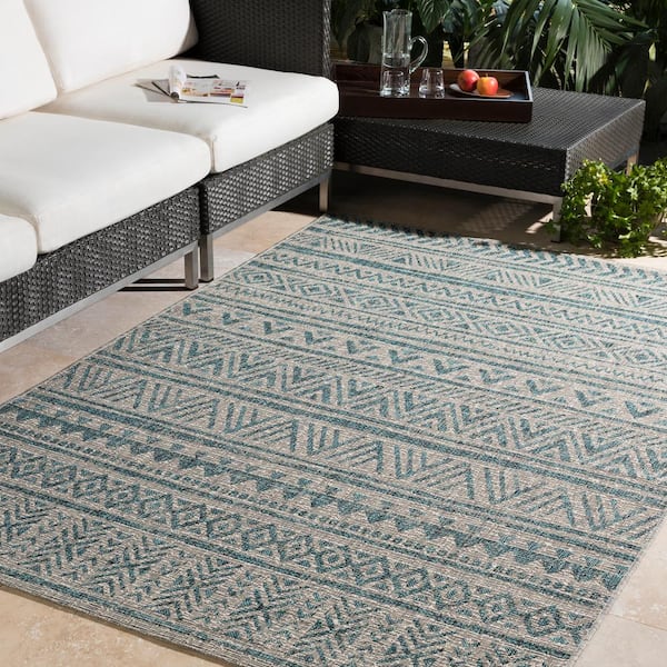 Eartha Aqua/Taupe 5 ft. x 8 ft. Indoor/Outdoor Patio Area Rug