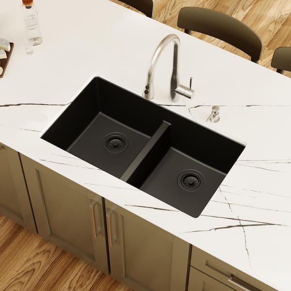 Quartz Black 32 in. 50/50 Double Bowl Composite Undermount Kitchen Sink