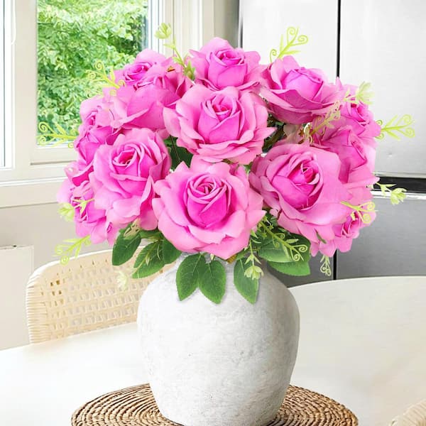 LIVING LUXURY 17 in. Hot Pink Artificial Gardenia Rose Flower Stem
