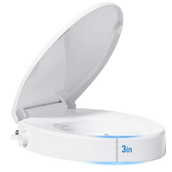 Raised Toilet Seat with Bidet, Elongated, Dual Nozzle, Adjustable Cold Water Pressure & Stainless Steel Inlet