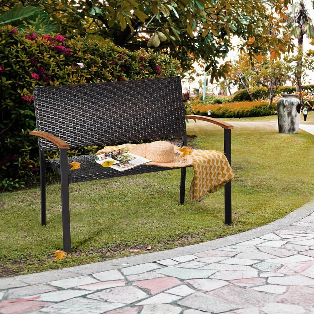 Weather-Resistant Rattan Wicker Loveseat with Steel Frame and Acacia Armrests