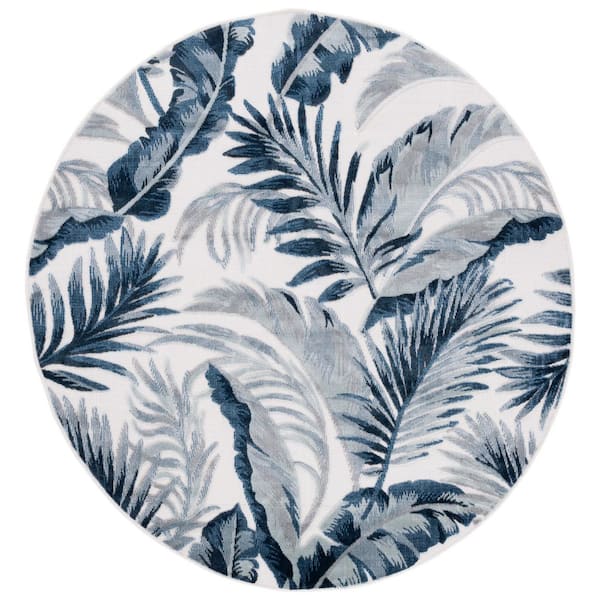 Cabana Ivory/Navy 6 ft. x 6 ft. High-Low Leaf Indoor/Outdoor Round Area Rug
