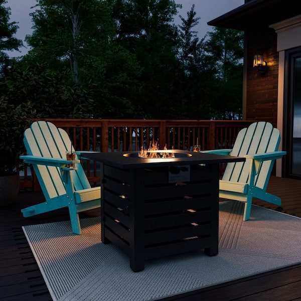 Boyel Living 3-Piece HDPE Blue Adirondack Chairs with Cup Holder and 32 in. Square Metal Patio Fire Pit Table Set