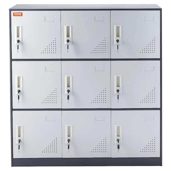 3-Tier 47 in. H Metal Heavy-Duty Storage Cabinets Locker in White with 9-Door and 9-Key