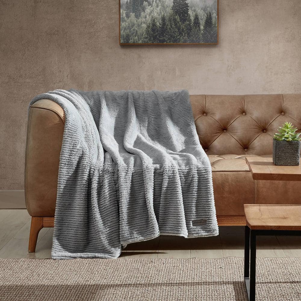 Gray Ribbed Reversible Fleece Sherpa Throw Blanket