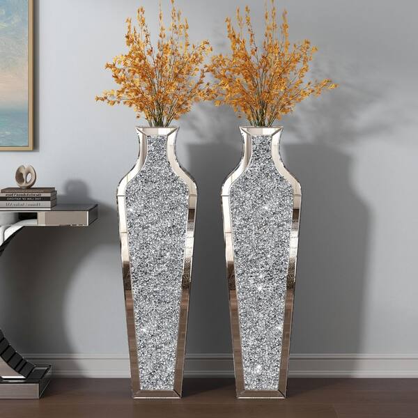 THKSHOUZ 43 in. Silver Glass Crushed Diamond Hourglass Amphora