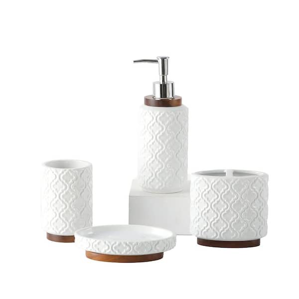 4-Piece Bathroom Countertop Accessory Set with Toothbrush Holder, Soap Dispenser, Soap Dish and Tumbler in White