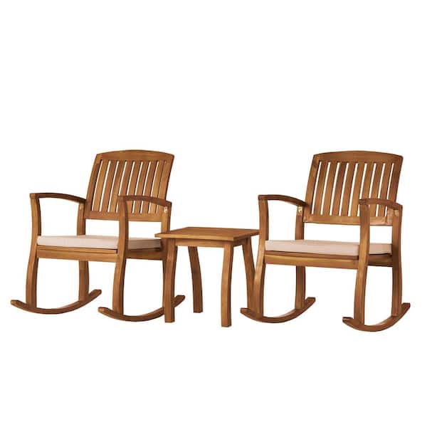 Noble House Selma Teak 3-Piece Wood Outdoor Patio Conversation Set with White Cushions