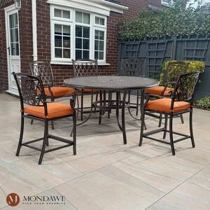 Charcoal Gray 7-Piece Cast Aluminum Bar Height Outdoor Dining Set with Round Table, Dining Chairs with Orange Cushions