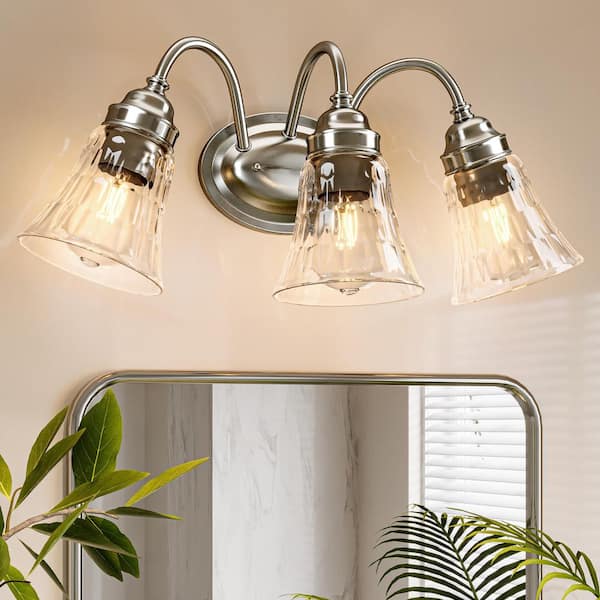 19.3 in. 3-Light Brushed Nickel Bathroom Vanity Light with Clear Glass Shade, No Bulbs Included