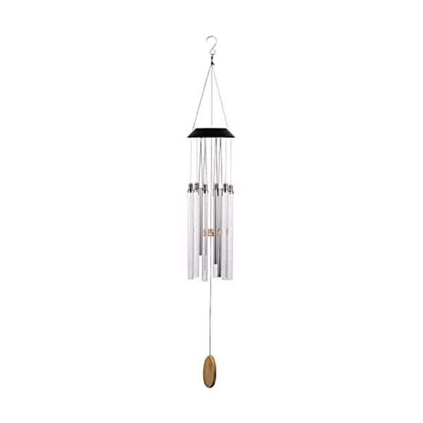 37 in. Outdoor Metal Solar Wind Chime with Color Changing LED Tubes Creative Wooden Pendant Garden Decoration