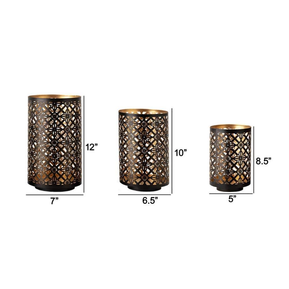 Black and Gold Metal Moroccan Lattice Candle Lantern Set