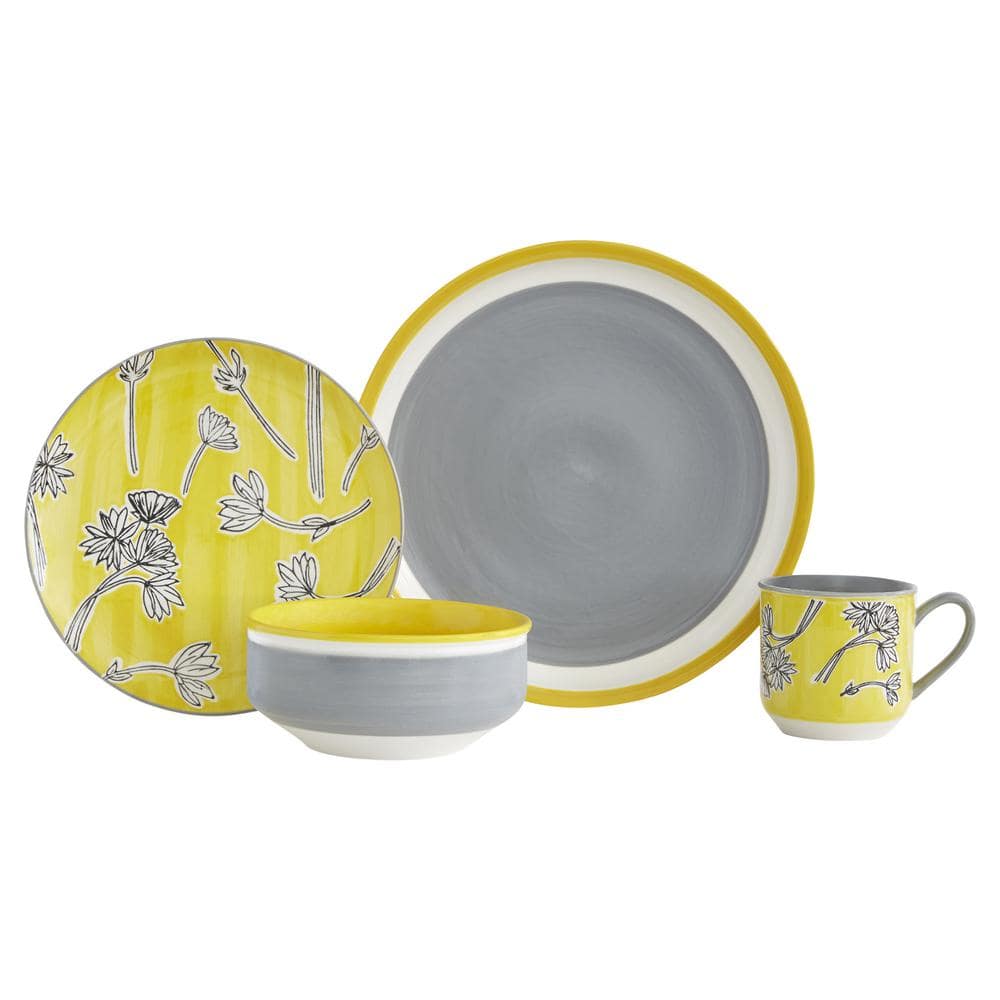BAUM Couleur Yellow Stoneware 16-Piece Dinnerware Set with Service for 4, Yellow and grey -  COUL16Y