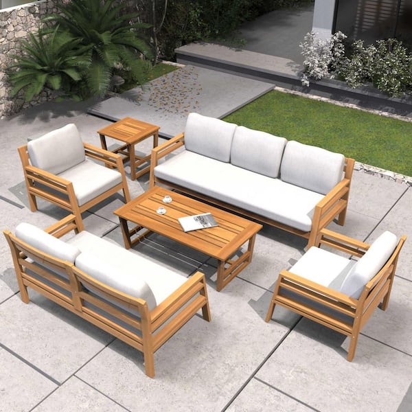 Data Natural 6-Piece Acacia Wood Patio Conversation Sofa Set with Beige Cushions