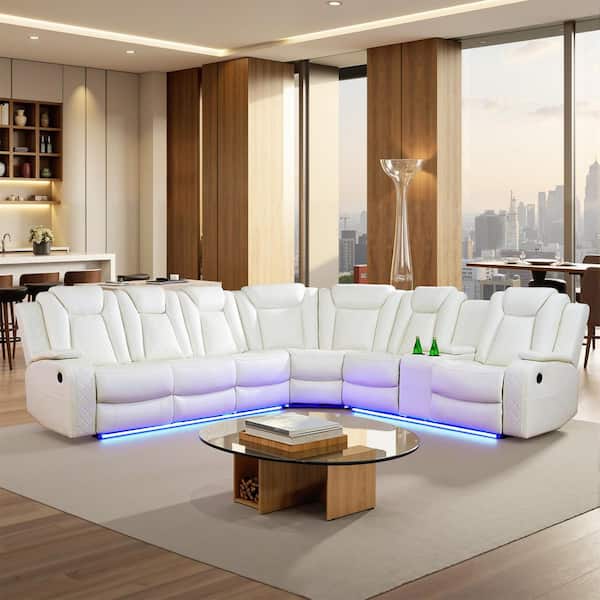 210 in. Overall Straight Arm Leather L-Shape Recliner Sofa Set in White, 6 Seats Sectional with USB, Wireless Charging