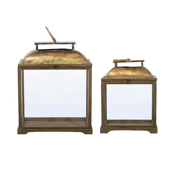 22.4 in. x 32.7 in. Wood Brown Lantern With Clear Glass Panels and Gold Metal Dome Accents for Indoor or Outdoor