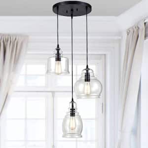 60 Watt 3 Light Black Finished Shaded Pendant Light with Clear glass Glass Shade and No Bulbs Included