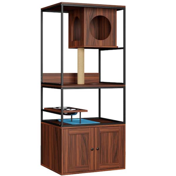 FUFU&GAGA Cat Litter Box Enclosure with Cat Tree Tower, Scratching Posts, Platform, Feeding Bowl, Indoor Large Cat House Furniture