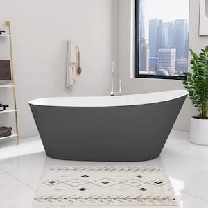 59 in. x 29.1 in. Acrylic Free Standing Flat Bottom Bathtub Oval Freestanding Soaking Bathtub with Left Drain in Grey