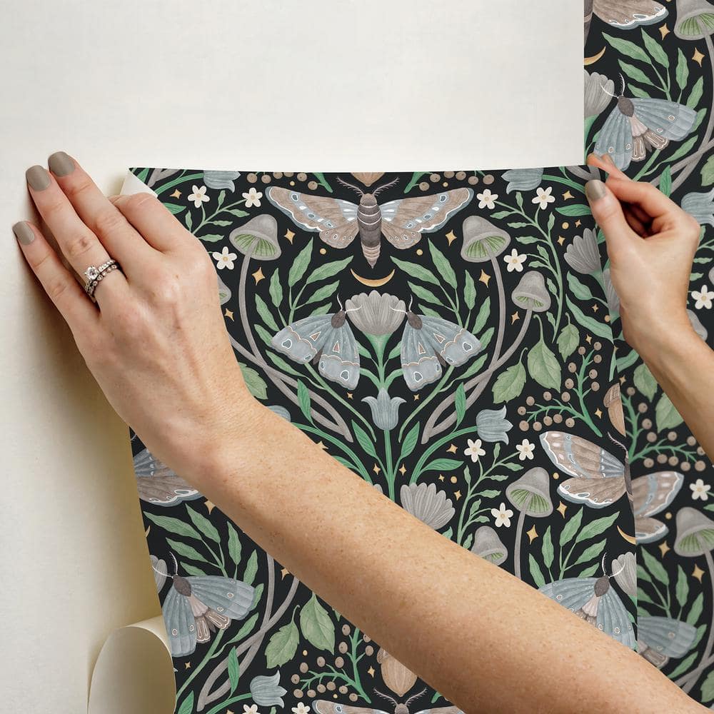 Black Damask Peel and Stick Wallpaper with Forest Design