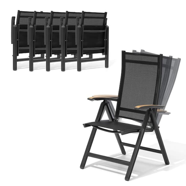 Black Aluminum Folding Outdoor Dining Chairs Foldable Patio Dining Chairs with 8-Level Adjustable Backrest Set of 6