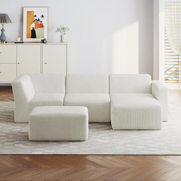 114 in. Square Arm 4-Piece Corduroy Modular Free Combination Sectional Sofa in Beige with Ottoman