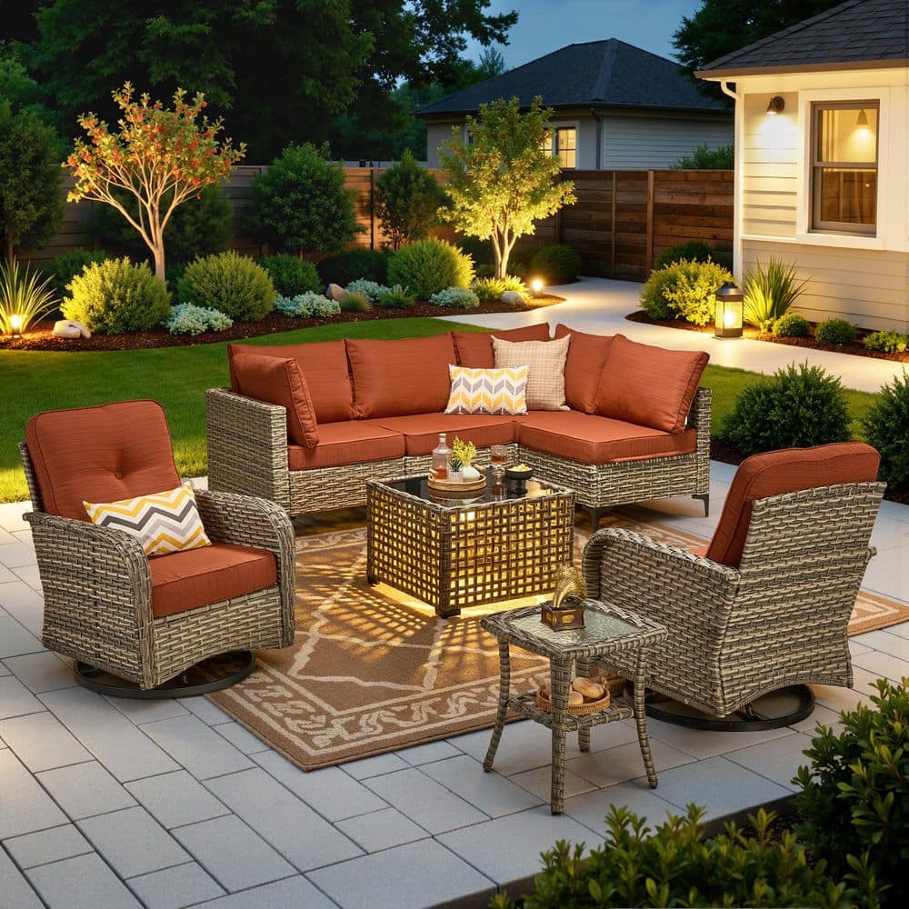 Reno 8-Piece Wicker All-Weather Outdoor Patio Conversation Sectional Set with Swivel Chairs and Brick Red Cushions price history on PriceWatchPro