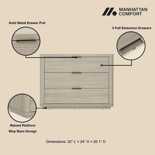 Manhattan Comfort Evelyn Modern Natural 3-Full Extension Drawer 32