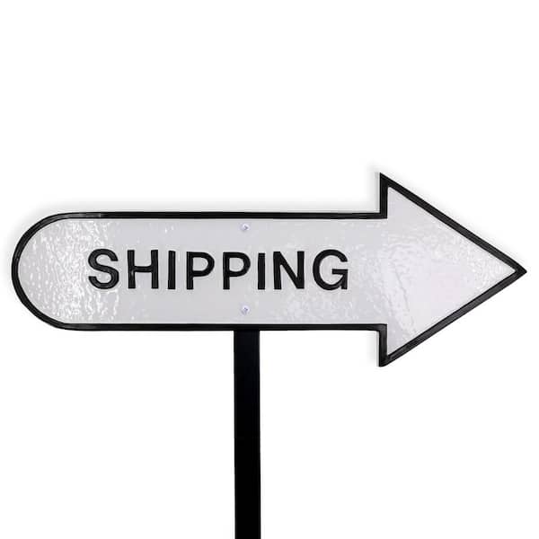 Montague Metal Products 6 in. x 15.5 in. Right Arrow Shipping Statement Plaque Sign with Lawn Stake-White/Black