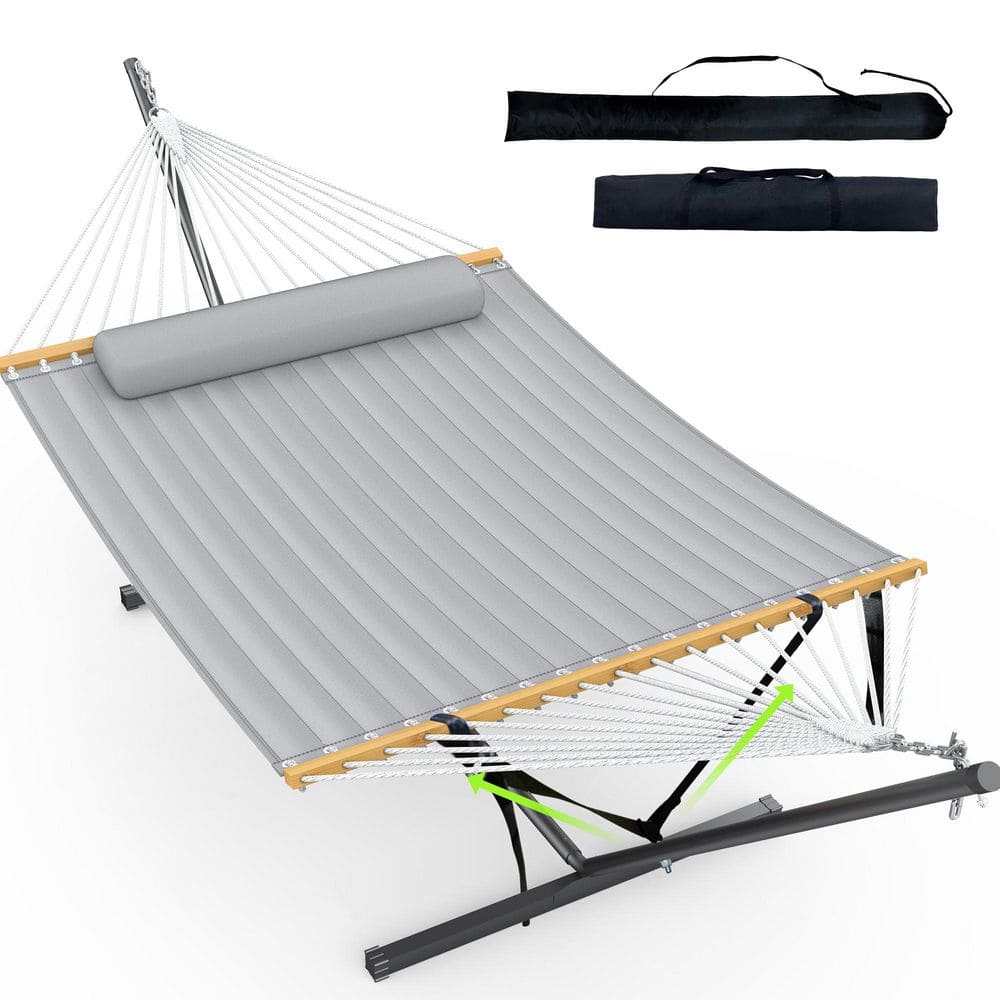 12 ft. Portable Double Hammock with Stand and Detachable Pillow in Gray for Indoor/Outdoor Relaxation price history on PriceWatchPro