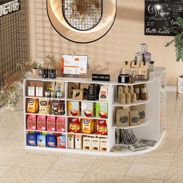 70.9 in. White Reception Desk with Counter,Welcome desk with 2 Drawers & Open Shelves,Transparent Display Case for Lobby