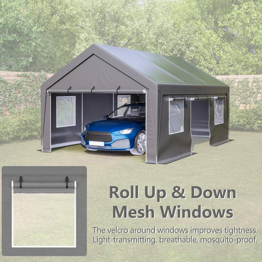 Gray 13' x 20' Metal Frame Carport with Windows