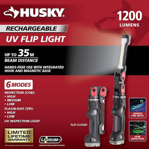 1200 Lumens Rechargeable LED Inspection Flip Flashlight with UV