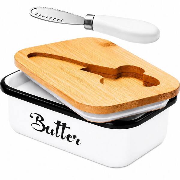 White Stainless Steel Butter Dish with Lid, Knife and Sealing Ring for Countertop, 5.5 in x 3.5 in x 2 in