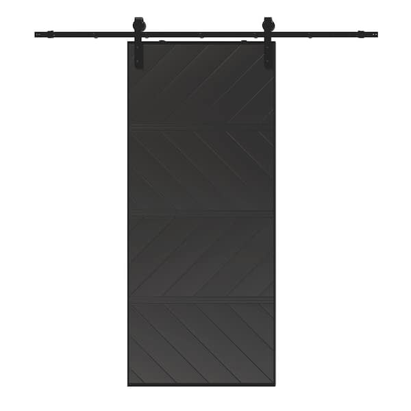TENONER 36 in. x 84 in. Black, Wood Panel Textured, MDF and PVC Covering, Finished Sliding Barn Door with Hardware Kit