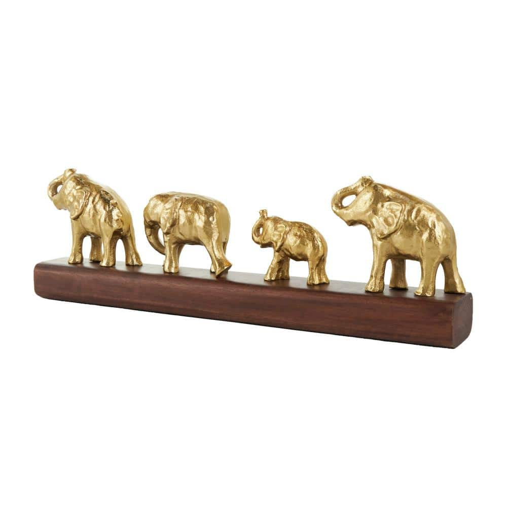 Litton Lane Gold Aluminum Metal Elephant Sculpture with Brown Wooden Base