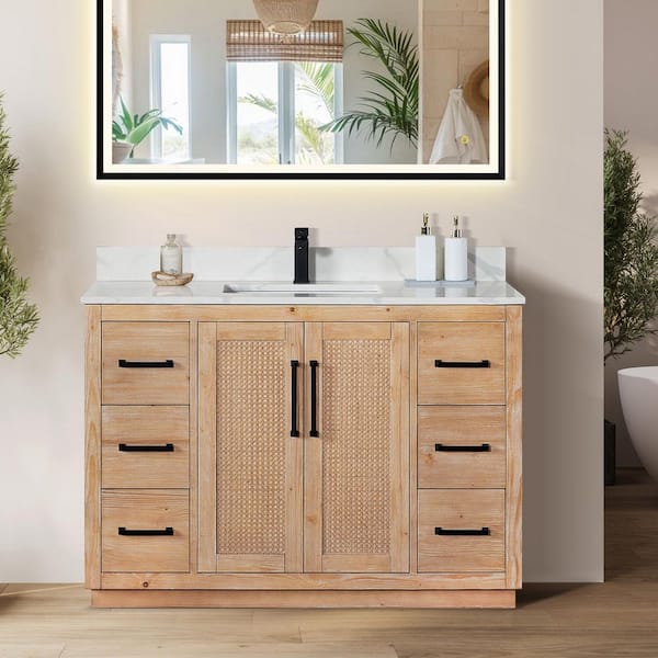 Altair Floral 48 in. W x 22 in. D x 33 in. H Single Sink Freestanding Bath Vanity in Brown with Calacatta White Quartz Top