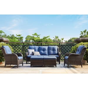 Carolina 5-Piece Brown Wicker Patio Outdoor Conversation Set with Blue Cushions